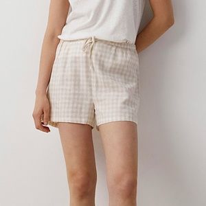 Ecru and pastel yellow check linen blend high rise lounge shorts NWT